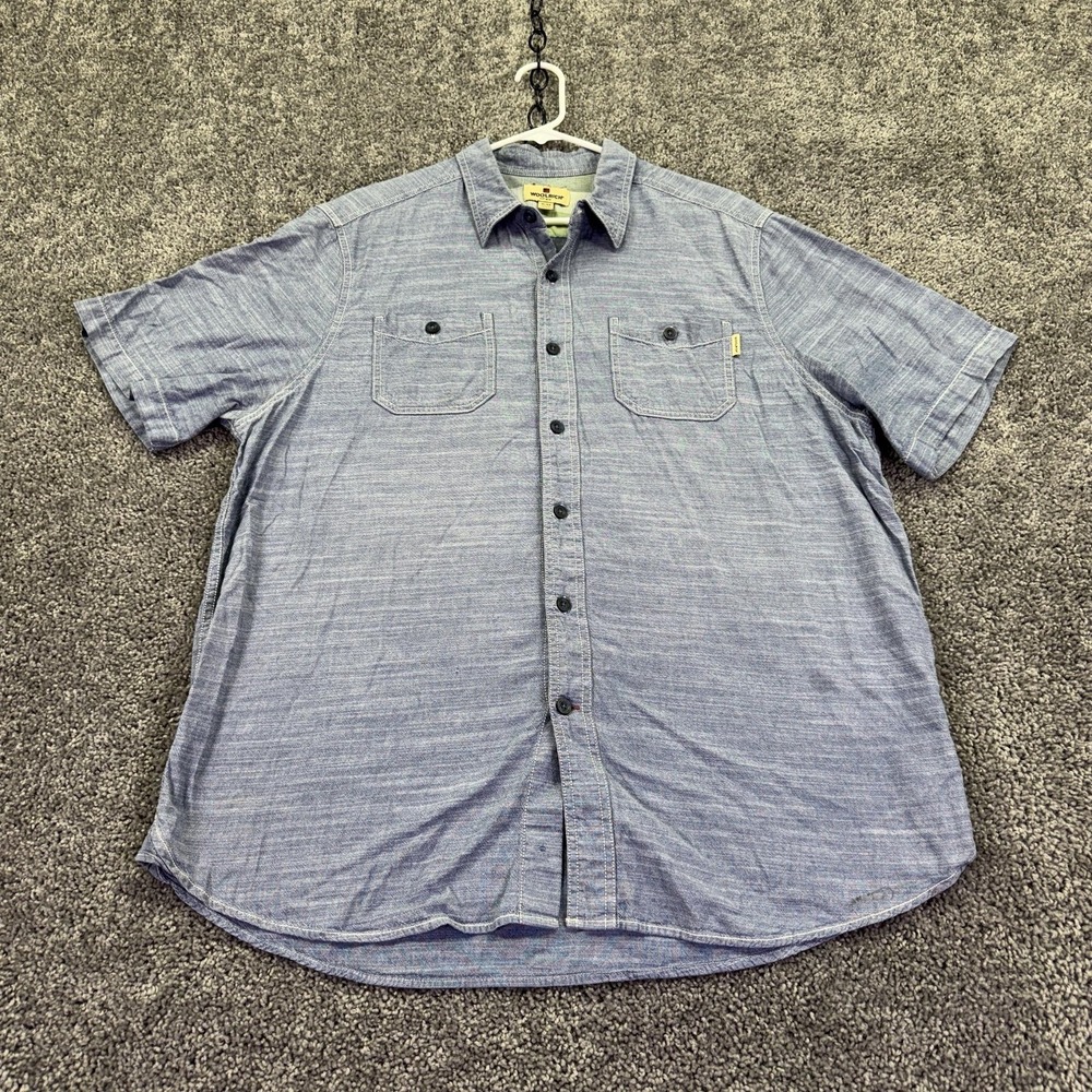 Woolrich Shirt Mens XL Blue Solid Short Sleeve Button Up Chambray Casual